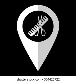 Comb and scissors - white vector icon;  map pointer
