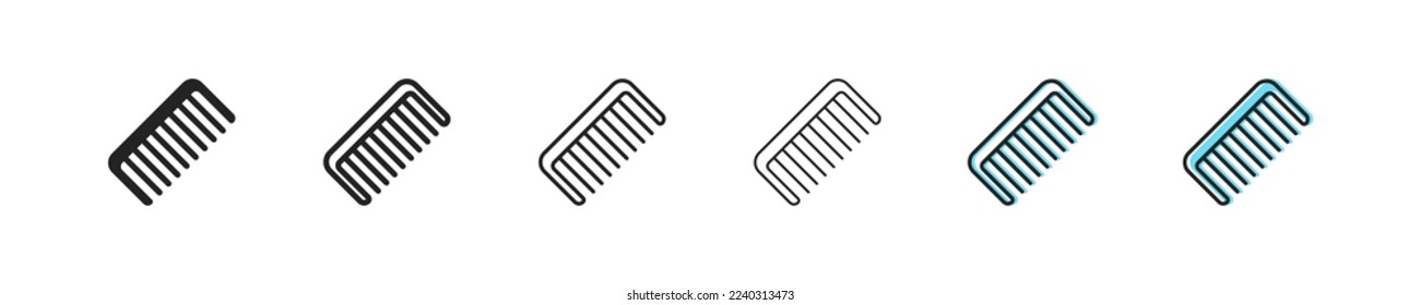 Comb set icon. hairdresser, personal care, beauty, hairstyle, haircut, hair, wig, bangs, ponytail, bun. Clipping concept. Six vector line icon in different styles