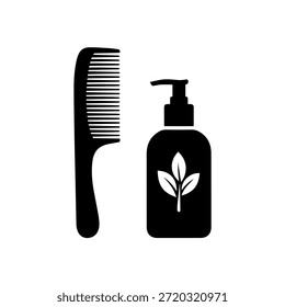 Pente e Shampoo Garrafa com Silhueta de Folha, Cuidado Natural do Cabelo e Beleza Orgânica Ícone do Produto