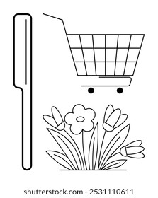 Peine, Carrito de compras y racimo de flores en estilo minimalista. Ideal para ir de compras, belleza, naturaleza, minimalismo y temas ecológicos. Líneas en blanco y negro. Composición simple pero versátil para