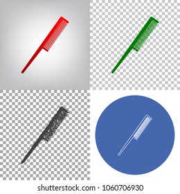 Comb sign. Vector. 4 styles. Red gradient in radial lighted background, green flat and gray scribble icons on transparent and linear one in blue circle.