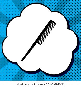Comb sign. Vector. Black icon in bubble on blue pop-art background with rays.