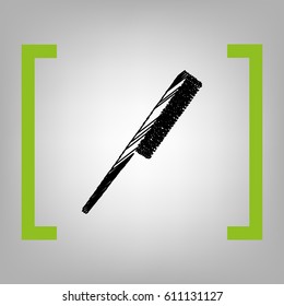 Comb sign. Vector. Black scribble icon in citron brackets on grayish background.