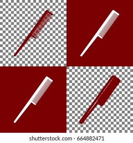 Comb sign. Vector. Bordo and white icons and line icons on chess board with transparent background.