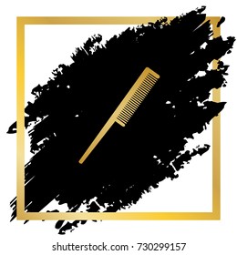 Comb sign. Vector. Golden icon at black spot inside golden frame on white background.