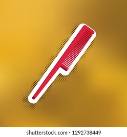 Comb sign. Vector. Magenta icon with darker shadow, white sticker and black popart shadow on golden background.