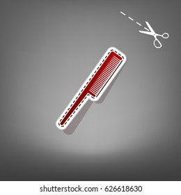 Comb sign. Vector. Red icon with for applique from paper with shadow on gray background with scissors.