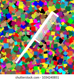 Comb sign. Vector. White icon on colorful background with seamless pattern from squares.