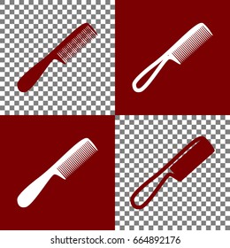 Comb simple sign. Vector. Bordo and white icons and line icons on chess board with transparent background.