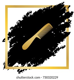 Comb simple sign. Vector. Golden icon at black spot inside golden frame on white background.