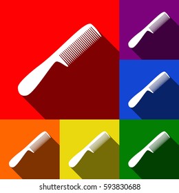 Comb simple sign. Vector. Set of icons with flat shadows at red, orange, yellow, green, blue and violet background.