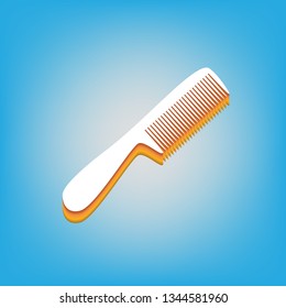 Comb simple sign. Vector. White icon with 3d warm-colored gradient body at sky blue background.