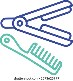 Comb and straightener outline dual color vector illustration icon design