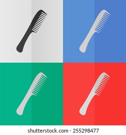 Comb vector icon. Effect of folded paper. Colored (red, blue, green) illustrations. Flat design