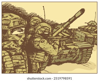 Combat actions, war. Fragment of a tank battle with the participation of stormtroopers. Sketch. Vector illustration