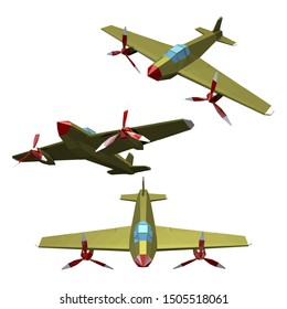 Combat aircraft with a propeller on a white background. Set of polygonal aircraft, monoplane, military equipment. Vector illustration