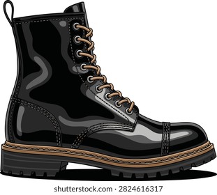 Combat boot, black leather, rugged sole, brown laces, high ankle, durable footwear, fashion gear, flat vector illustration