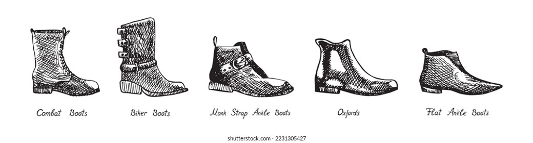 Combat Boots, Biker Boots, Monk Strap Ankle Boot, Oxfords, Flat Ankle Boots, isolated hand drawn outline doodle, sketch, black and white illustration with inscription, boots set collection