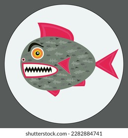 Combat camouflaged piranha in a white circle . Illustration. Square drawing for illustration and icons.