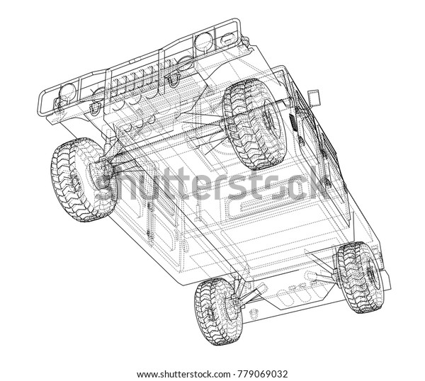 Combat car.\
Vector rendering of 3d. Wire-frame style. The layers of visible and\
invisible lines are\
separated