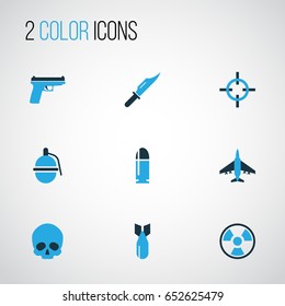 Combat Colorful Icons Set. Collection Of Skull, Bio Hazard, Bullet And Other Elements. Also Includes Symbols Such As Rocket, Head, Shot.