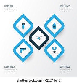 Combat Colorful Icons Set. Collection Of Helicopter, Medal, Poison And Other Elements. Also Includes Symbols Such As Medal, Fighter, Dynamite.