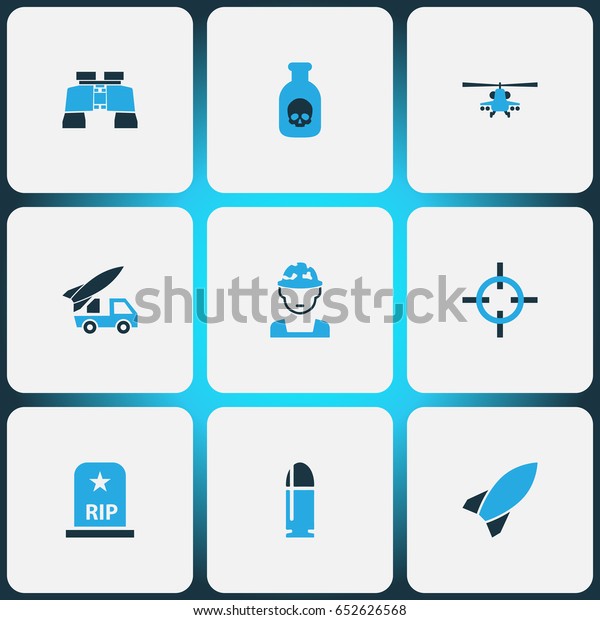 Combat Colorful Icons Set. Collection Of Artillery,\
Binoculars, Poison And Other Elements. Also Includes Symbols Such\
As Aim, Military, Army.