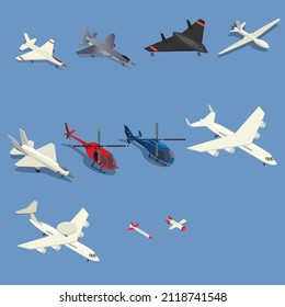 Combat and commercial airplane isometric 3d vector illustration concept banner, website, landing page, ads, flyer template