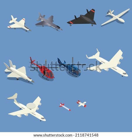 Combat and commercial airplane isometric 3d vector illustration concept banner, website, landing page, ads, flyer template