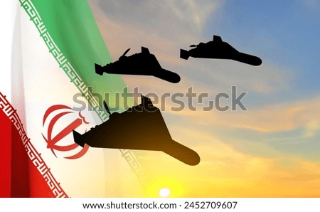 Combat drones against the sunset with Iran flag. EPS10 vector