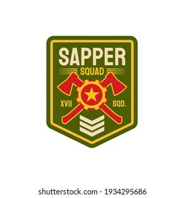 Combat engineers special division isolated chevron with crossed axes, rank and star. Vector pioneer combatant uniform patch, combatant military engineer demolition and bridge-building sapper badge