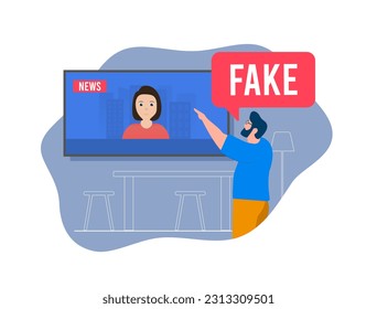Combat fake news and misinformation. Man exposes false fake TV news, raising awareness about online propaganda. Promote fake media literacy and truth. Isolated vector illustration