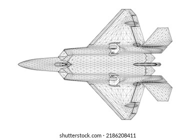 Combat fighter jet wireframe from black lines isolated on white background. Bottom view. 3D. Vector illustration.