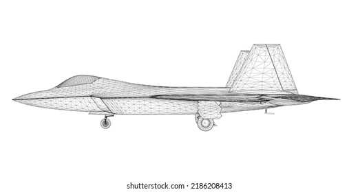 Armazón de avión de combate de líneas negras aisladas en fondo blanco. Vista lateral. 3 D. Ilustración vectorial.