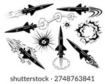 Combat guided homing missile flies at high speed. Ballistic or anti-aircraft missile is used in warfare. War vector icons set on a transparent background.