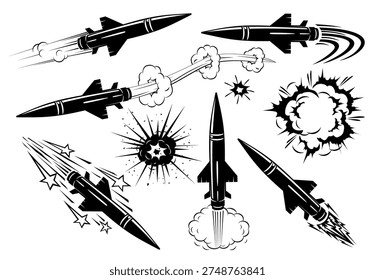 Combat guided homing missile flies at high speed. Ballistic or anti-aircraft missile is used in warfare. War vector icons set on a transparent background.