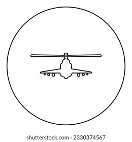 Ataque de helicóptero de combate Icono de vista de concepto militar Icono frontal en círculo color negro ilustración contorno de imagen línea delgada