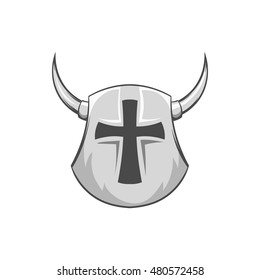Combat helmet with cross and horns icon in black monochrome style isolated on white background. Medieval warriors outfit symbol vector illustration