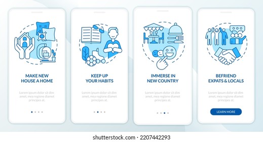 Combat homesickness tips blue onboarding mobile app screen. Abroad walkthrough 4 steps editable graphic instructions with linear concepts. UI, UX, GUI template. Myriad Pro-Bold, Regular fonts used