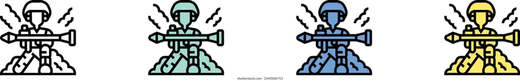 Icono de combate. Esquema, diseño de estilo verde, azul y amarillo aislado sobre fondo blanco