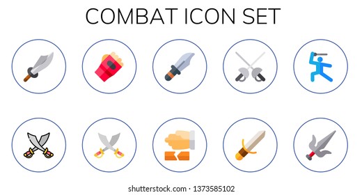 combat icon set. 10 flat combat icons.  Collection Of - sword, karate, dagger, martial arts