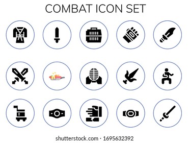 combat icon set. 15 filled combat icons.  Simple modern icons such as: Judo, Swords, Sword, pan, Carrier, Martial arts, Karate, Dagger, Champion belt