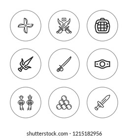 Combat icon set. collection of 9 outline combat icons with artillery, carrier, champion belt, duel, martial arts, shuriken icons. editable icons.