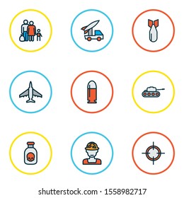 Combat icons colored line set with refugee, poison, tank and other toxic bottle elements. Isolated vector illustration combat icons.