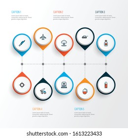 Combat icons colored line set with grenade, bullet, sniper target and other rip elements. Isolated vector illustration combat icons.