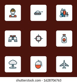 Combat icons colored line set with nuclear explosion, soldier, tank and other jet elements. Isolated vector illustration combat icons.
