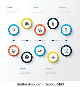 Combat icons colored line set with nuclear explosion, fighter, bullet and other ballistic elements. Isolated vector illustration combat icons.