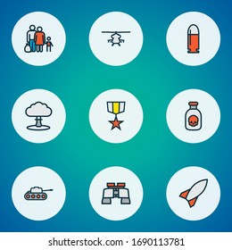 Combat icons colored line set with tank, poison, medal and other bomb elements. Isolated vector illustration combat icons.