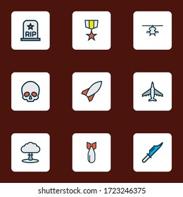 Combat icons colored line set with fighter, soldier grave, military knife and other cranium elements. Isolated vector illustration combat icons.