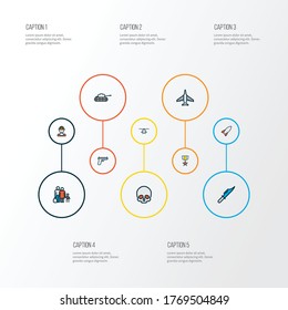 Fijación de la línea de los iconos de combate de color con medallas, cohetes militares, tanques y otros elementos fugitivos. Iconos de combate de ilustraciones vectoriales aisladas.